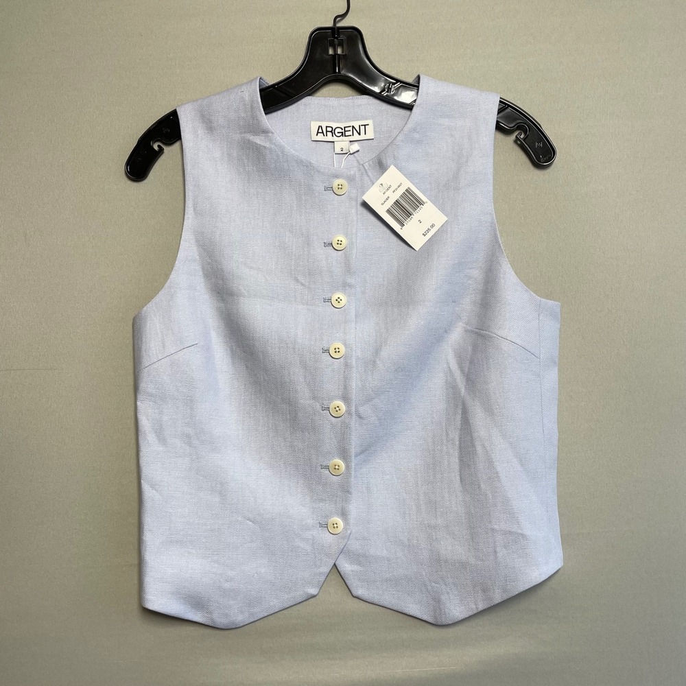 Nwt Argent Womens Light Blue Linen Twill High Neck Button Waistcoat Vest Size 2